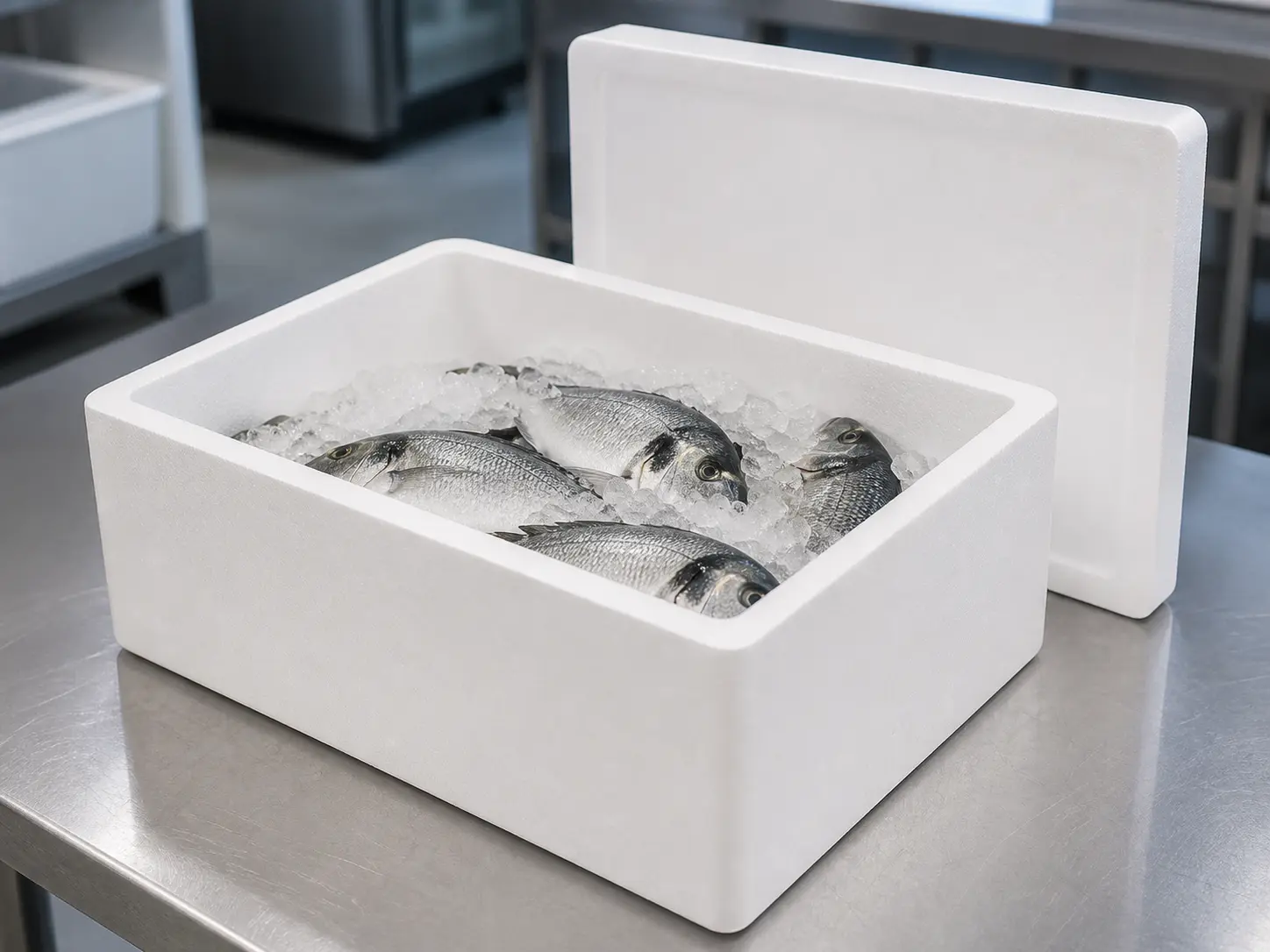 Lidded EPS fish box with fish on ice