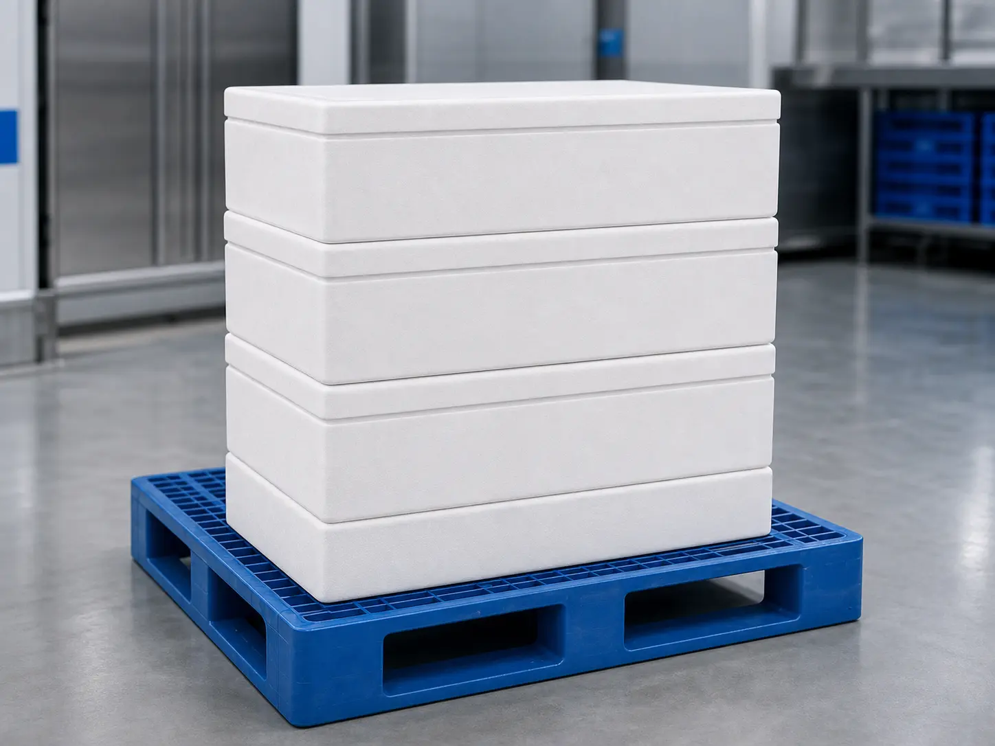 Closed EPS fish boxes stacked for transport