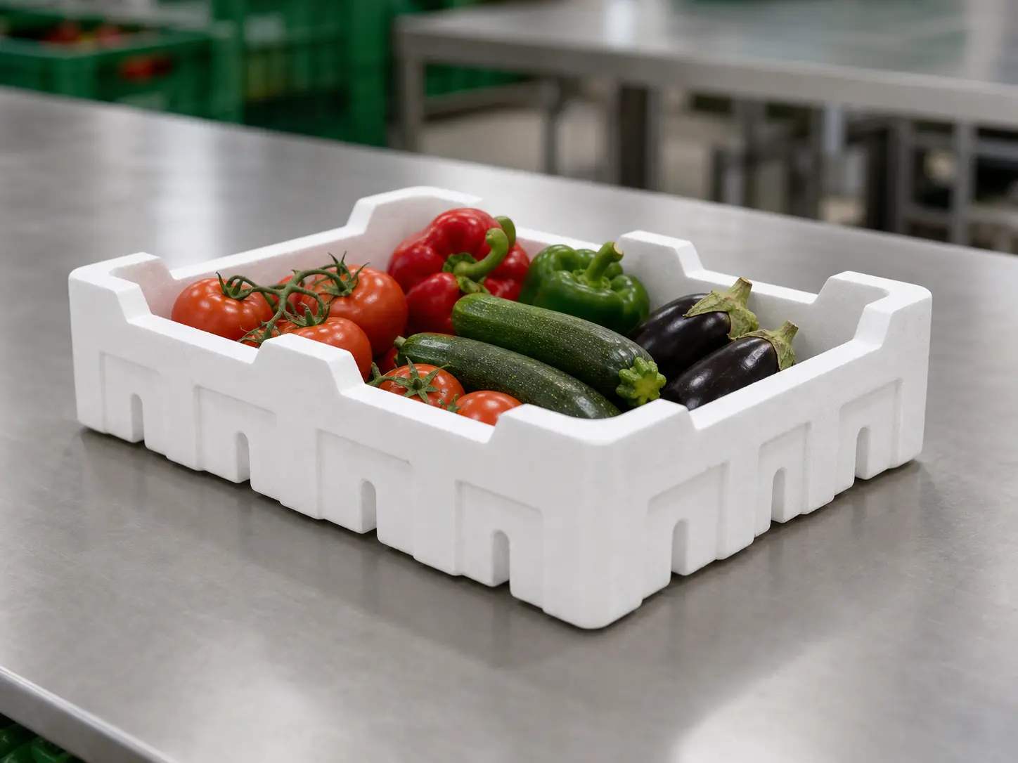 Side view of an EPS box filled with fruit and vegetables